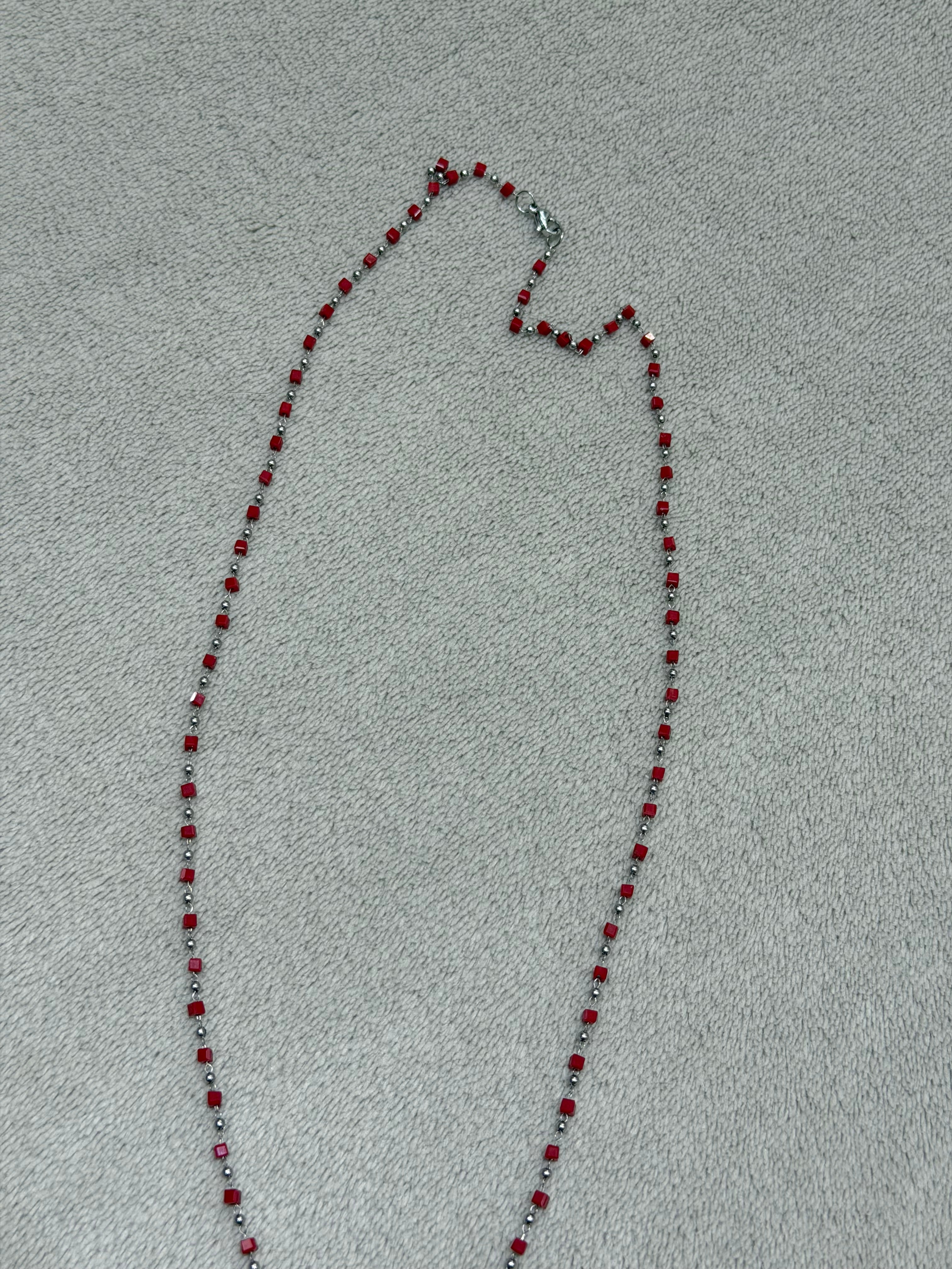 Stainless steel necklace with red beads